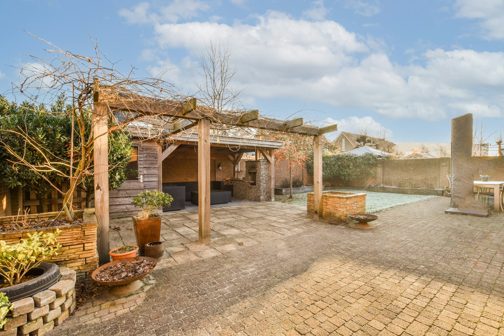 a backyard with a pergola and a pool