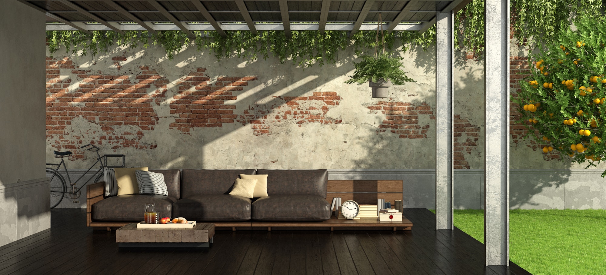 Garden with iron pergola
